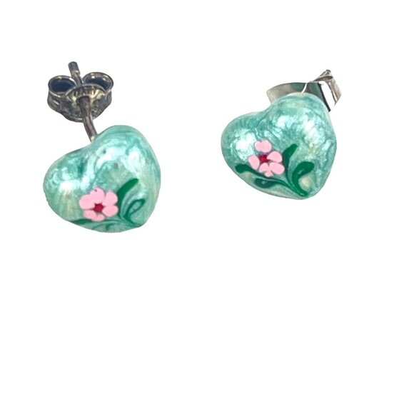 Handmade Italian Enamel Heart Earrings With Pink Flowers In Velvet Box - Picture 4 of 8